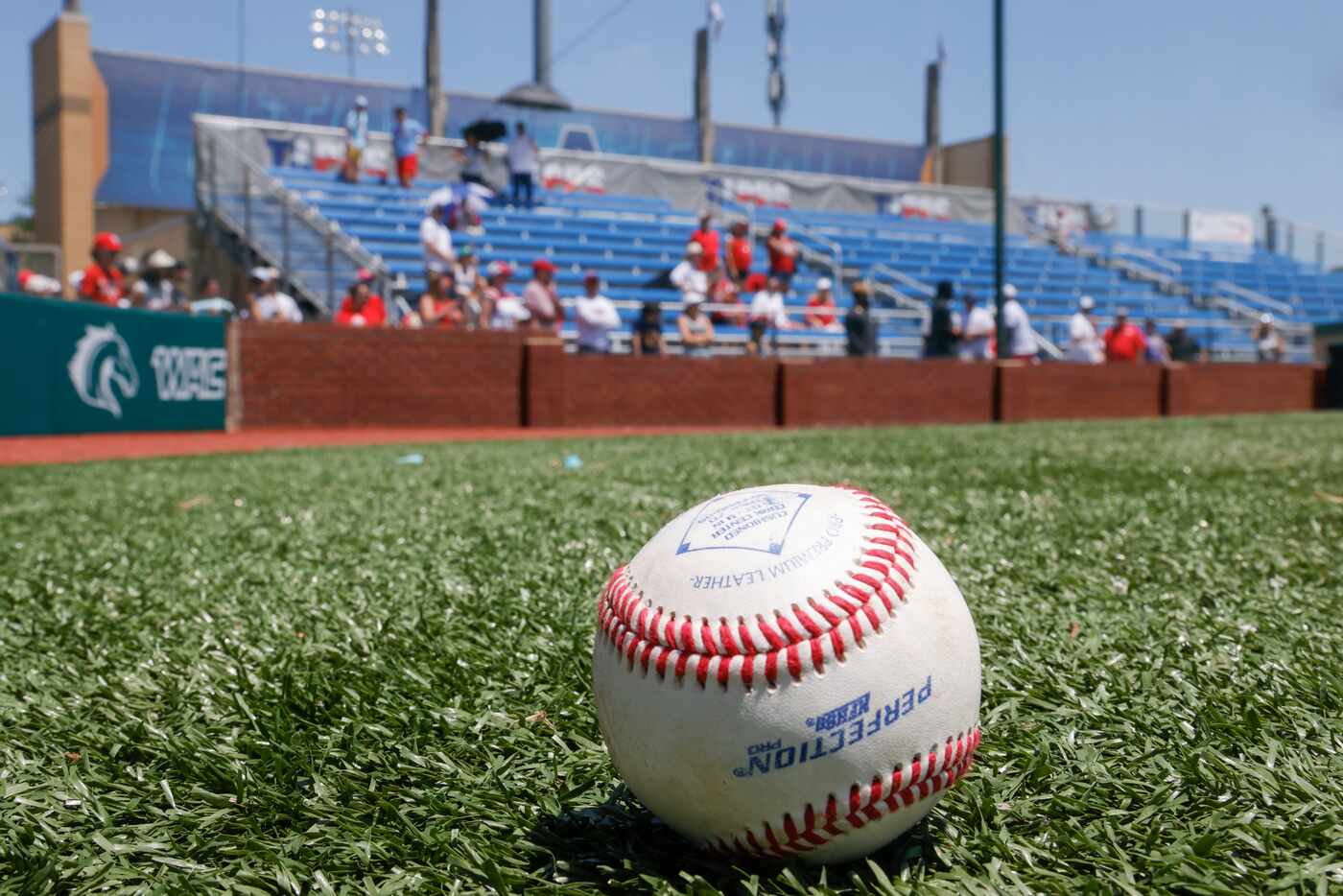 A ball sits on the field after Trinity Christian defeated Houston St. Thomas, 7-6, during...