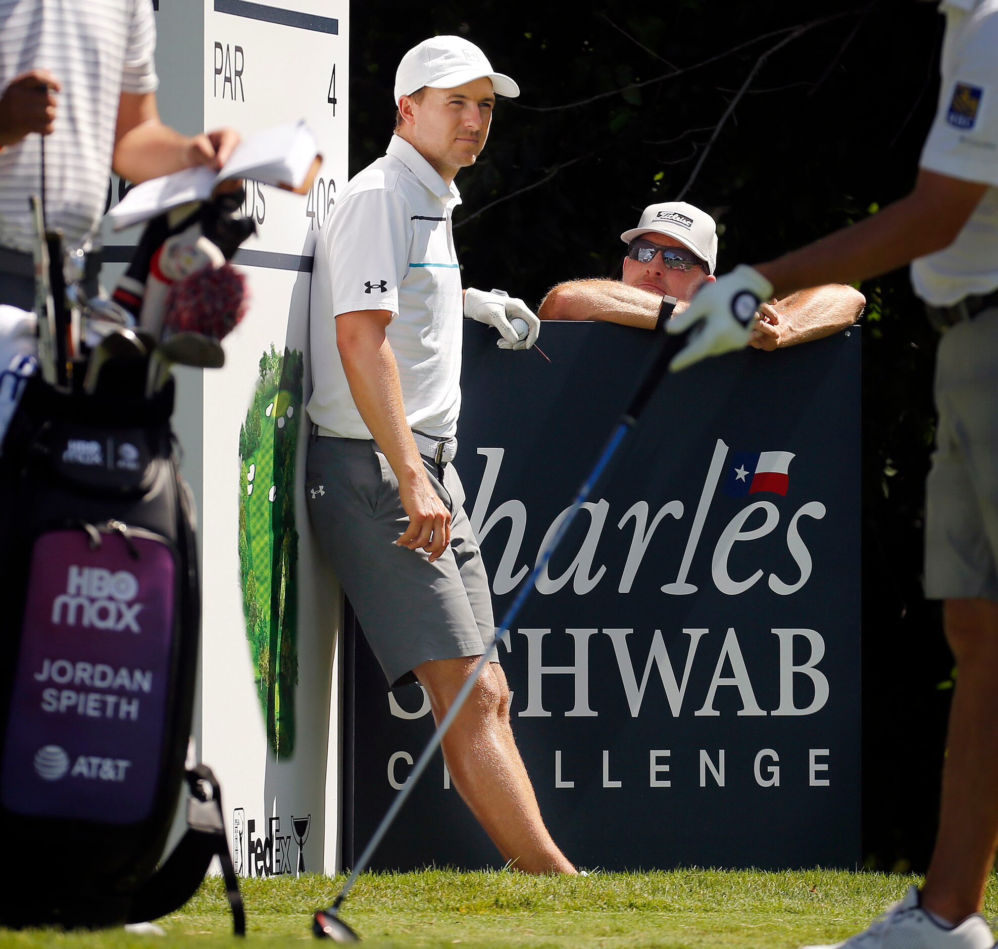 PGA golfer Jordan Spieth waits his turn to tee off on No. 6 during the Charles Schwab...