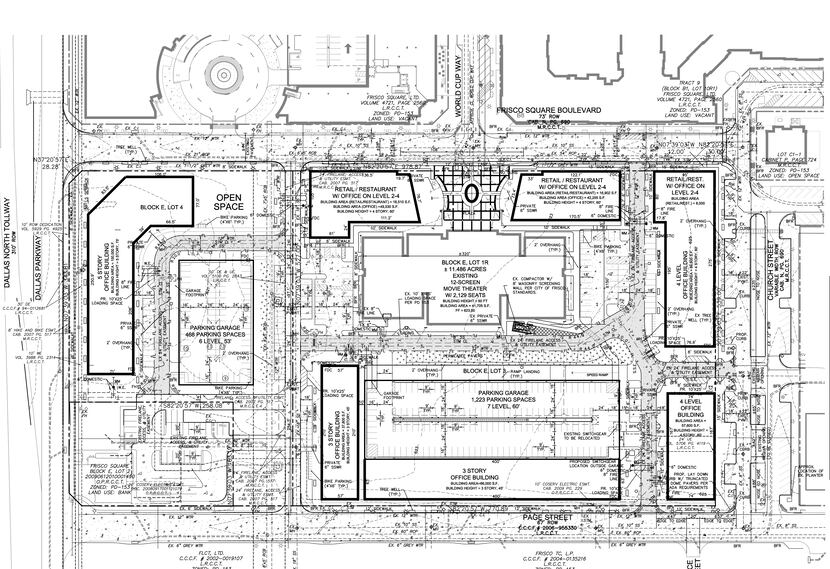 Behringer's plans show seven buildings surrounding the Cinemark theater.