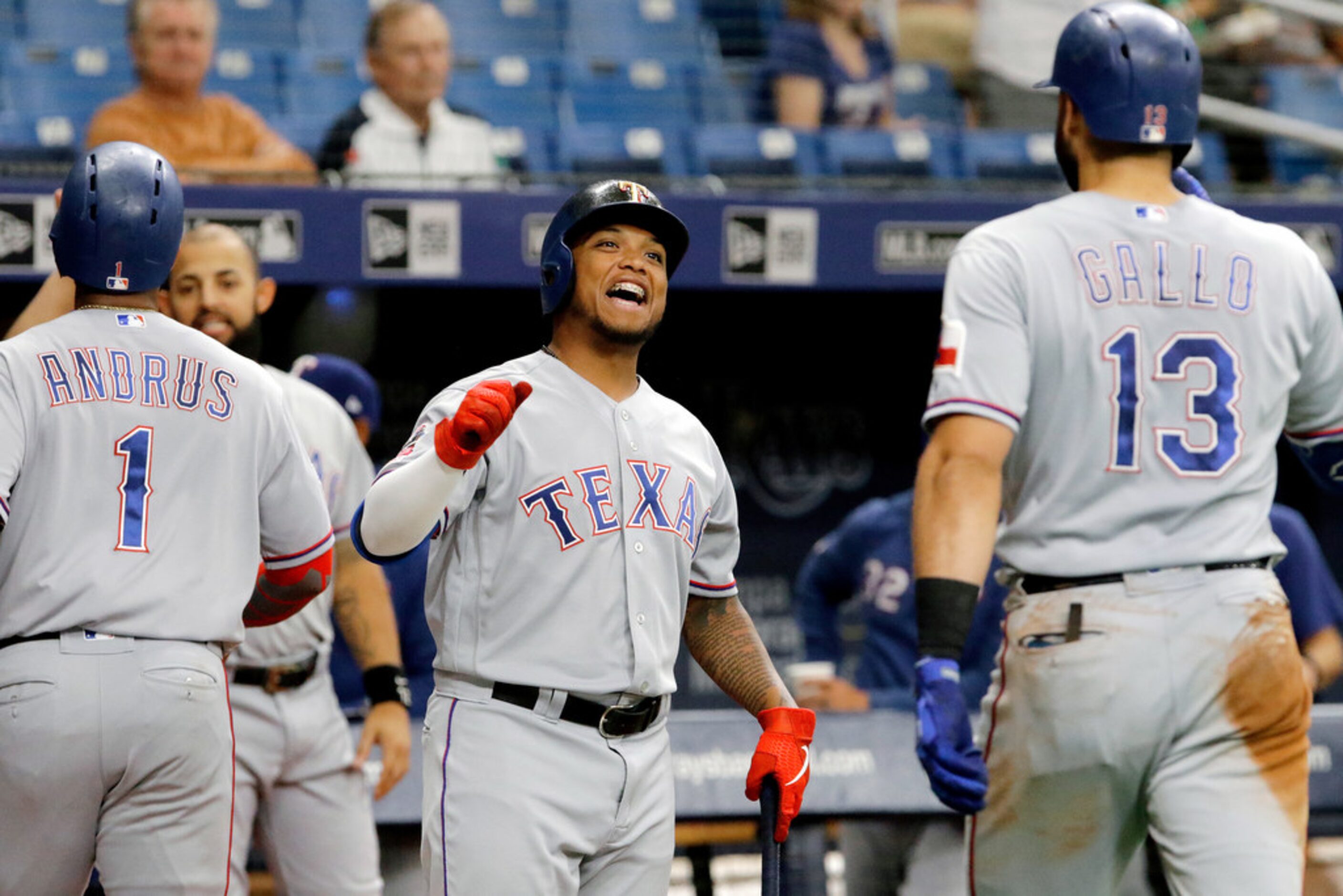 ST. PETERSBURG, FL - JUNE 30:  Willie Calhoun #5 of the Texas Rangers celebrates with...