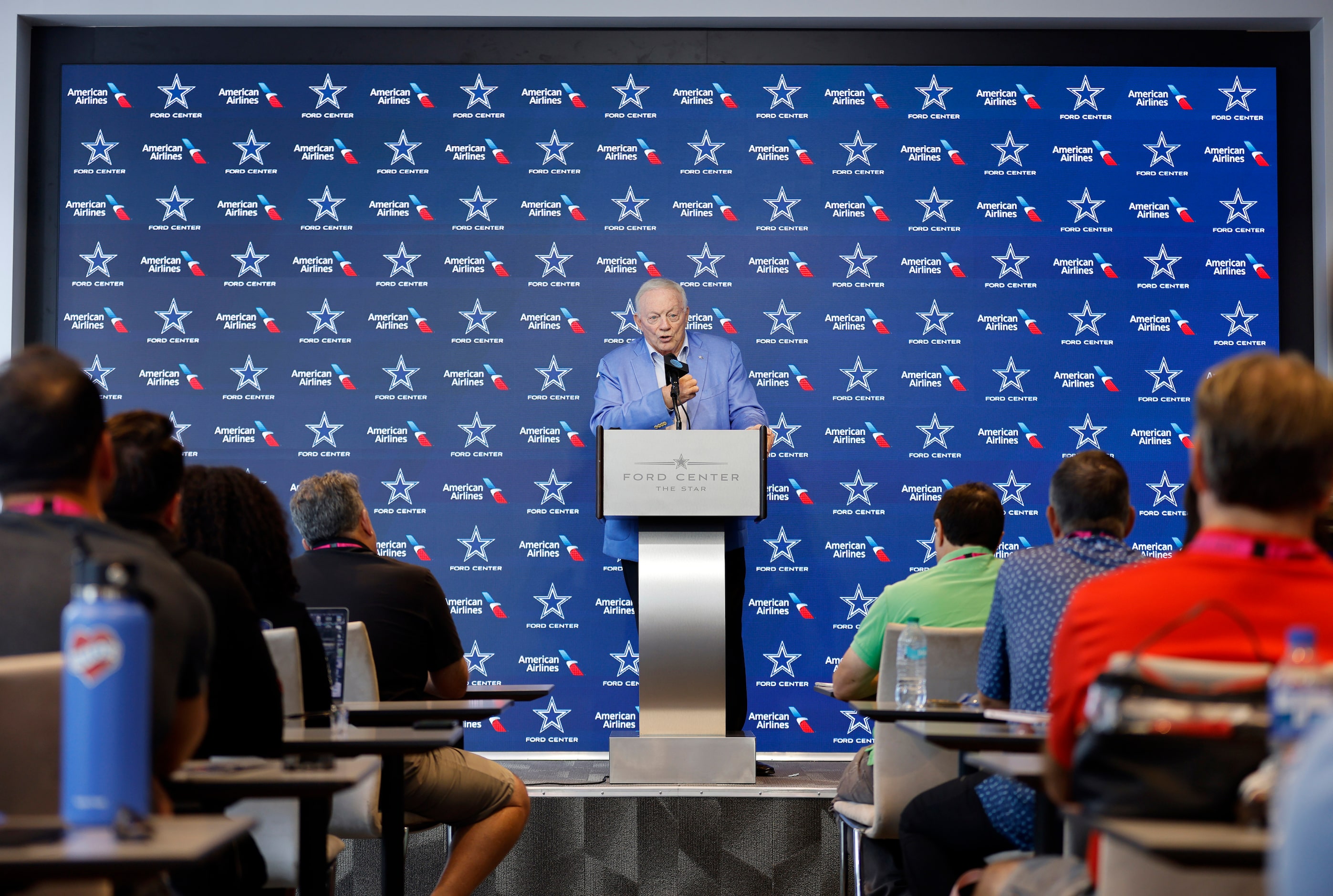 Dallas Cowboys owner Jerry Jones answers questions from the media before the Season Kickoff...