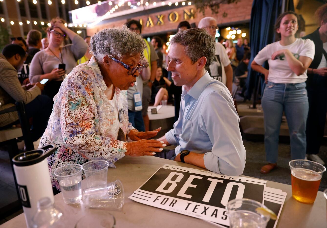 Democratic gubernatorial challenger Beto O'Rourke (right) listens to the Grandmother of...