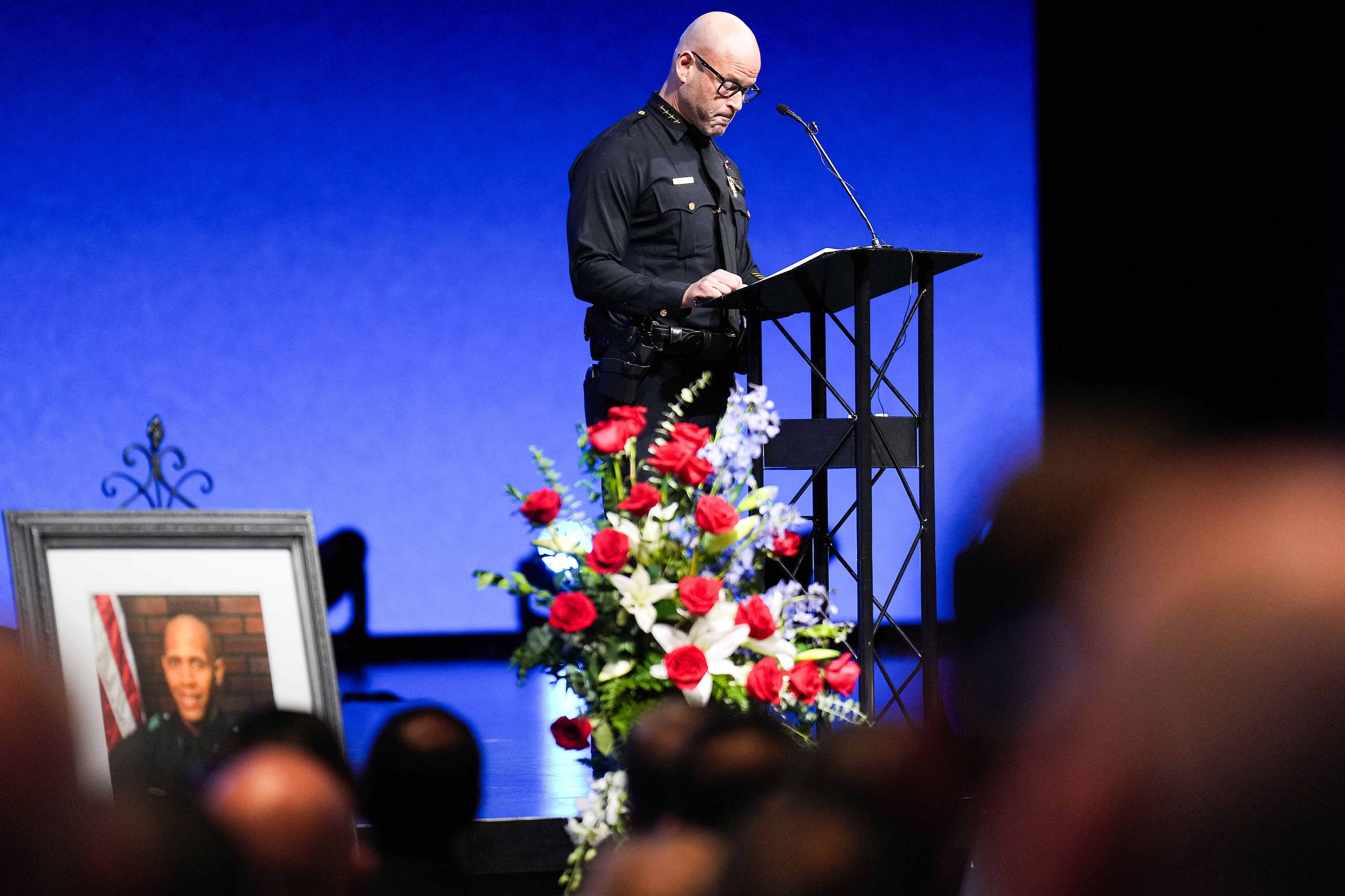 Dallas Police Chief Eddie García speaks during funeral services for Dallas police officer...