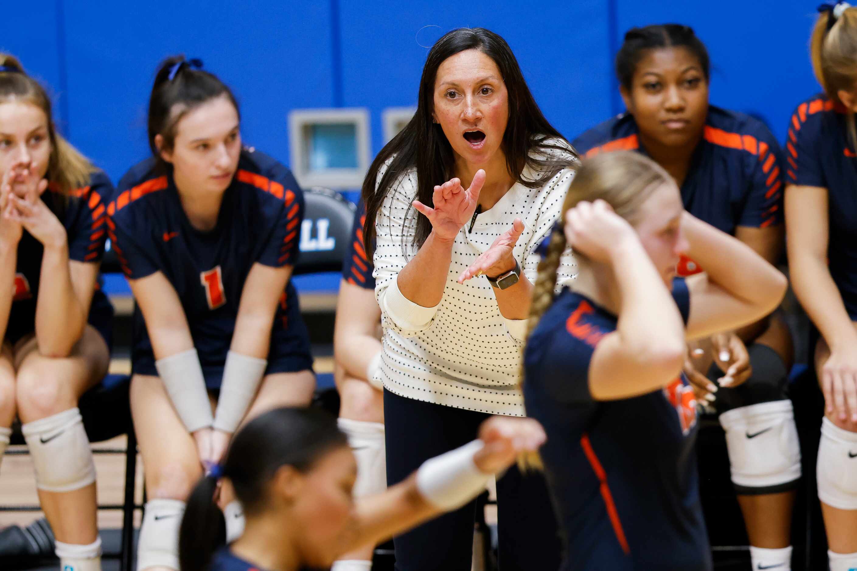 Frisco Wakeland’s head coach U'iLani Womble cheers her team on against Frisco Reedy during...