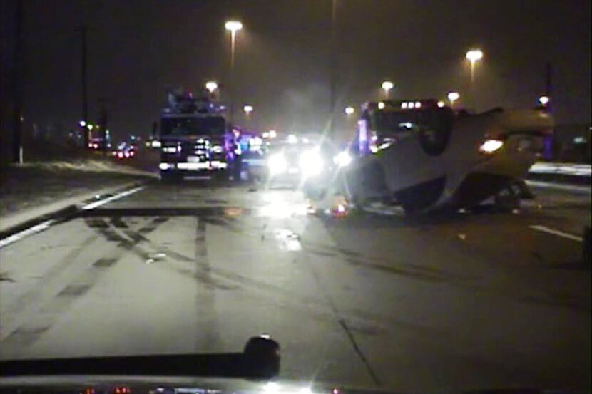 A still image from the on-dash video camera in a Irving police car shows skid marks and the...