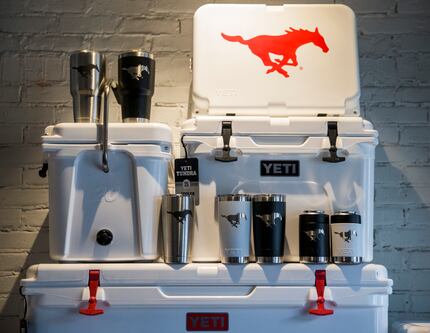 SMU branded products are on display inside a new Yeti store in Dallas. The grand opening...