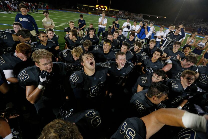 Jesuit celebrates after beating Coppell at Postell Stadium in Dallas, Texas Sept. 23, 2016....