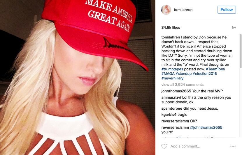 Tomi Lahren, wearing a hat with Donald Trump's campaign slogan, "Make America Great Again."...