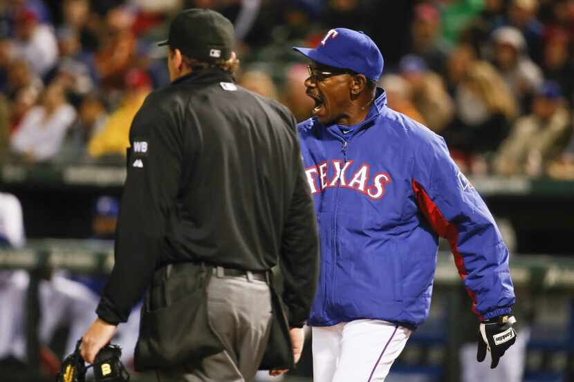 Apr 14, 2014; Arlington, TX, USA; Texas Rangers manager Ron Washington (38) gets ejected...
