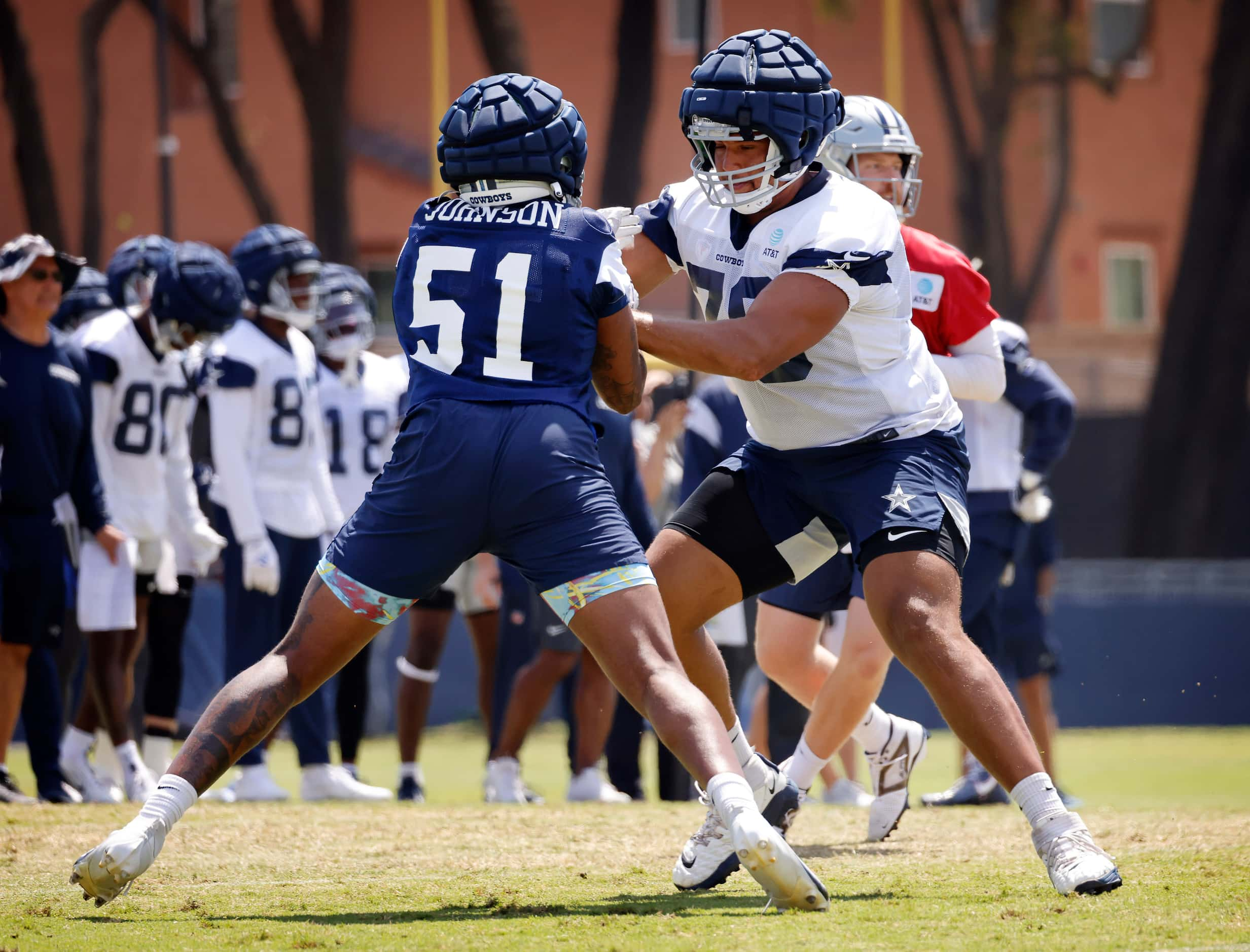 Dallas Cowboys offensive tackle Terence Steele (78) blocks defensive end Durrell Johnson...