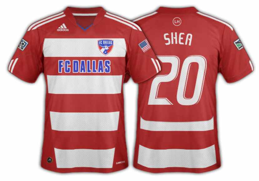 2010-11 FC Dallas red and white hoops with red shoulders and red side/back panels.
