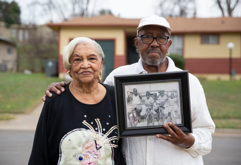 Marion Washington and her son, Charles, pose in the same spot where he was photographed with...