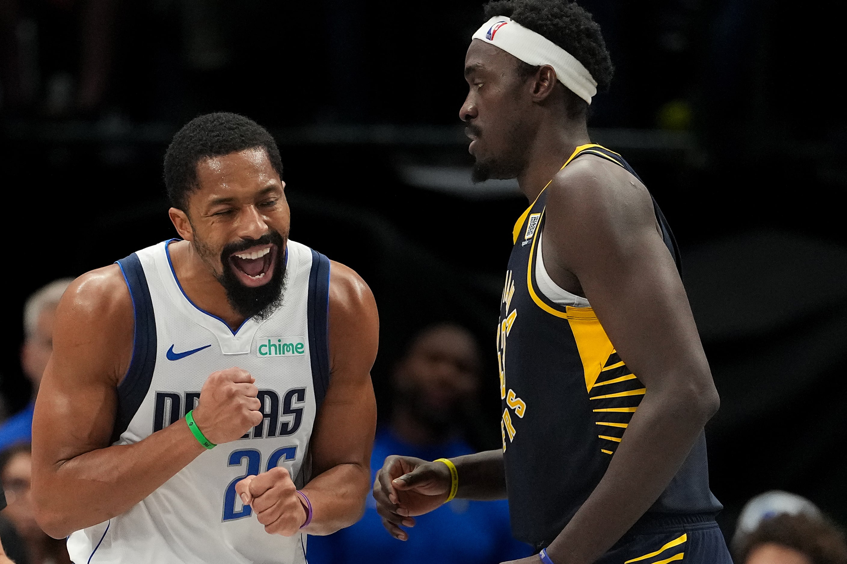 Dallas Mavericks guard Spencer Dinwiddie (26) reacts after being called for a foul during...