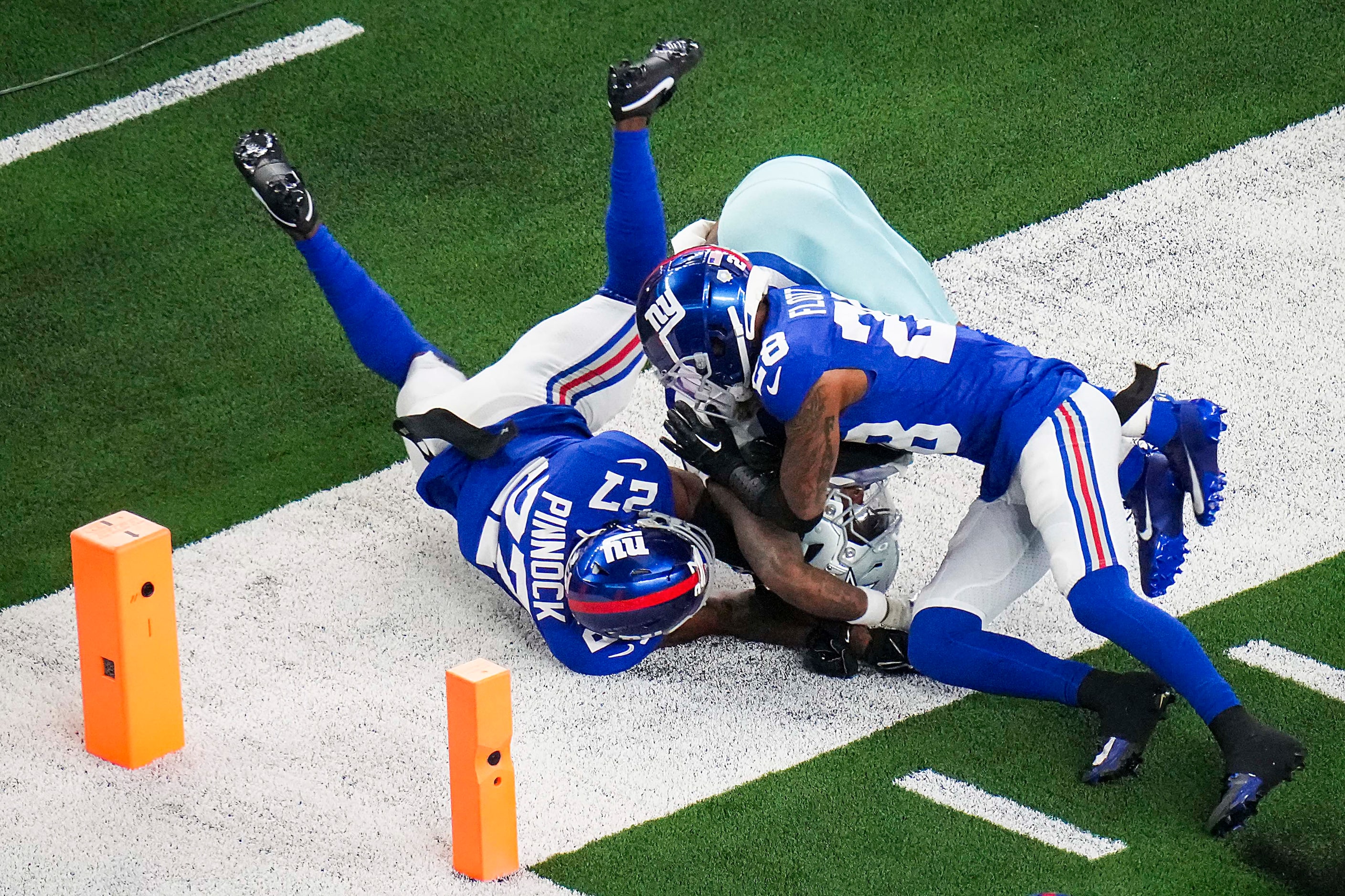 Dallas Cowboys wide receiver CeeDee Lamb (88) is stopped short of the end zone by New York...