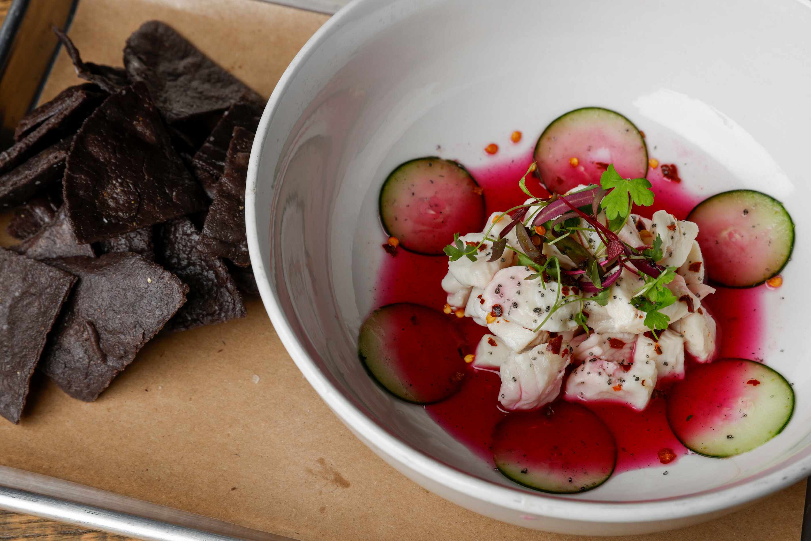 Halibut aguachile with chips pictured at Henrys Majestic, Monday, Nov. 6, 2023, in Dallas.