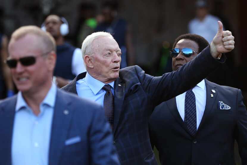 Dallas Cowboys owner Jerry Jones gives a thumbs up to fans before the Dallas Cowboys and Los...