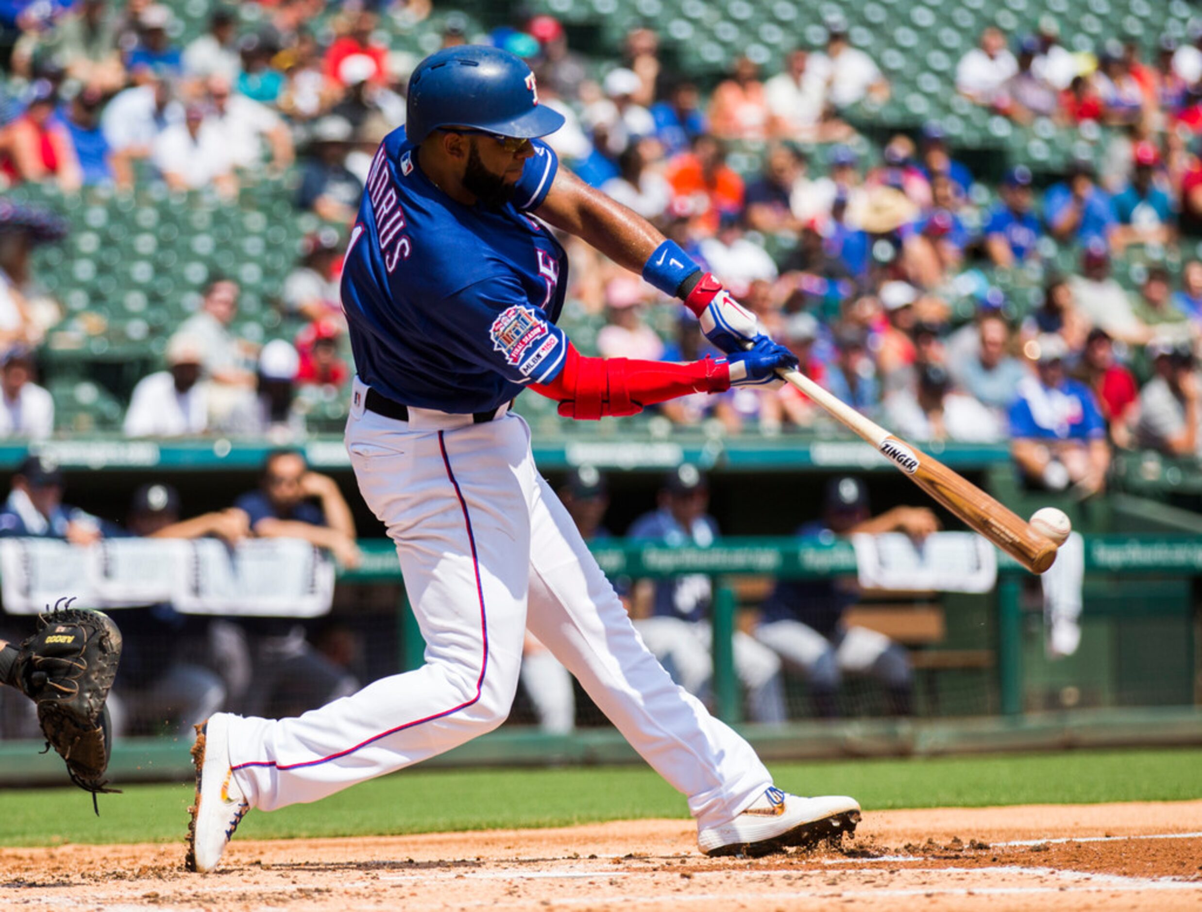 Texas Rangers shortstop Elvis Andrus (1) bats during the first inning of an MLB game between...