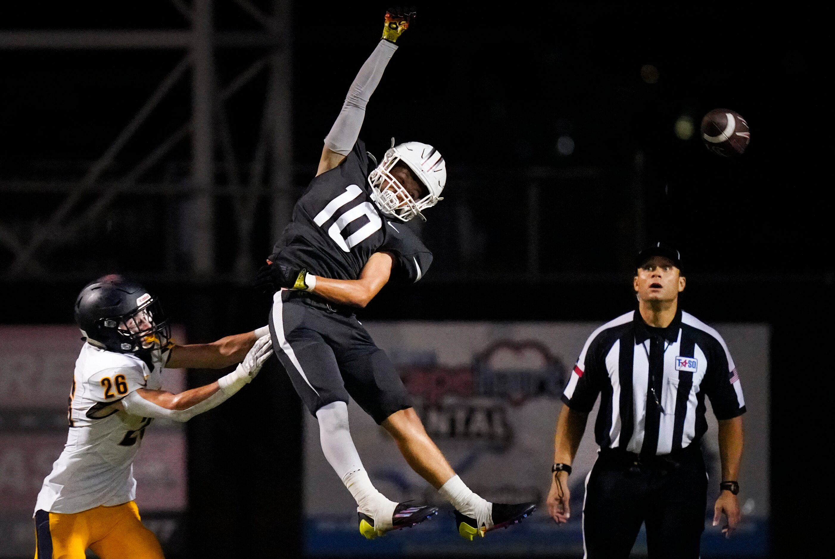 The final play of the game, a pass from Lewisville quarterback  Ethan Terrell sails over the...