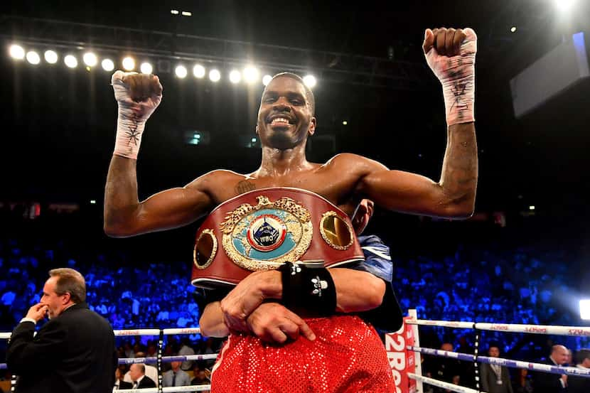 MANCHESTER, ENGLAND - JUNE 09: Maurice Hooker celebrates winning the WBO Super-Lightweight...