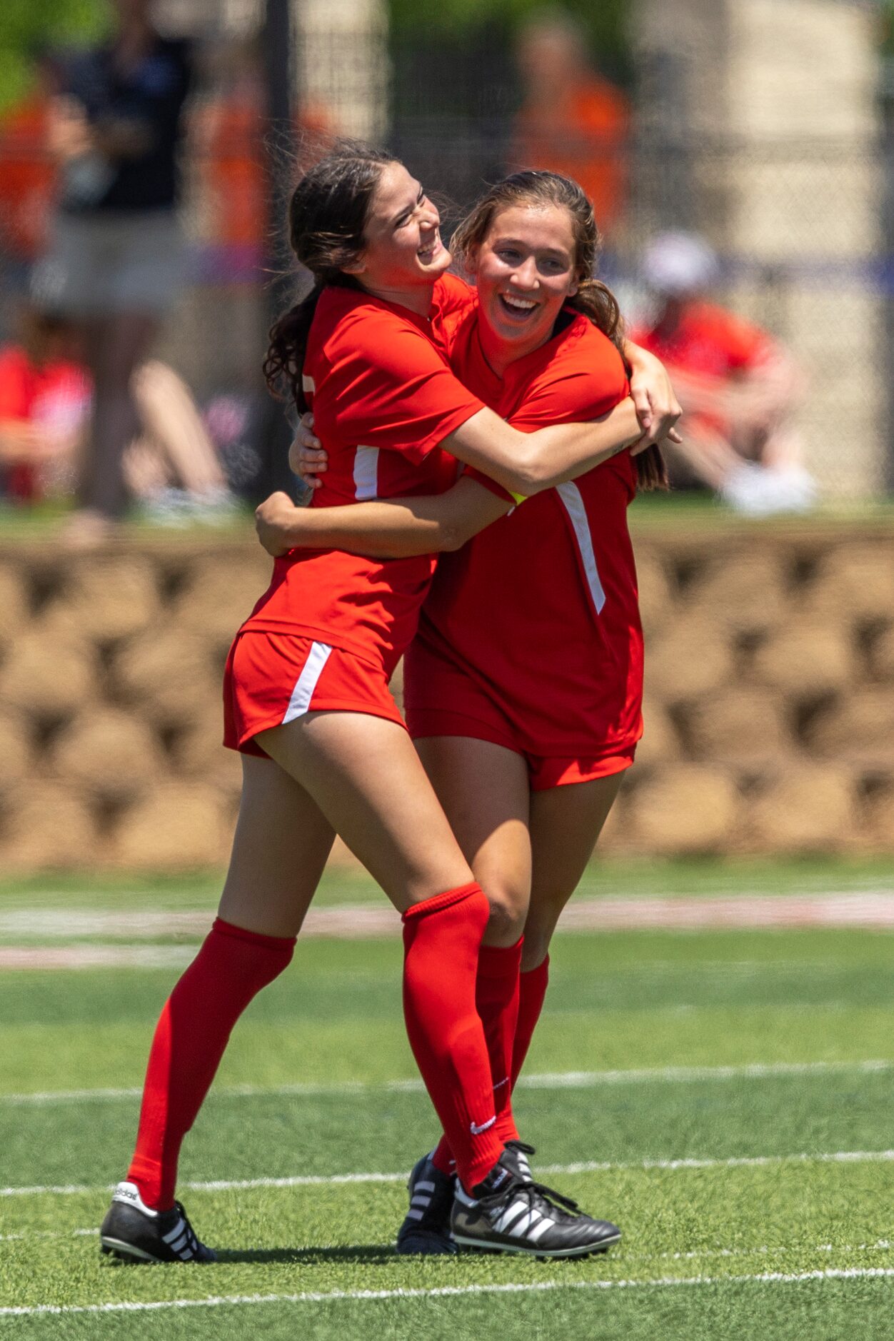 Grapevine forward Theresa McCullough, right, celebrates her second goal with defender Naomi...