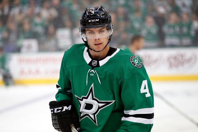 Dallas Stars defenseman Miro Heiskanen (4) is pictured during pregame warmups of their...