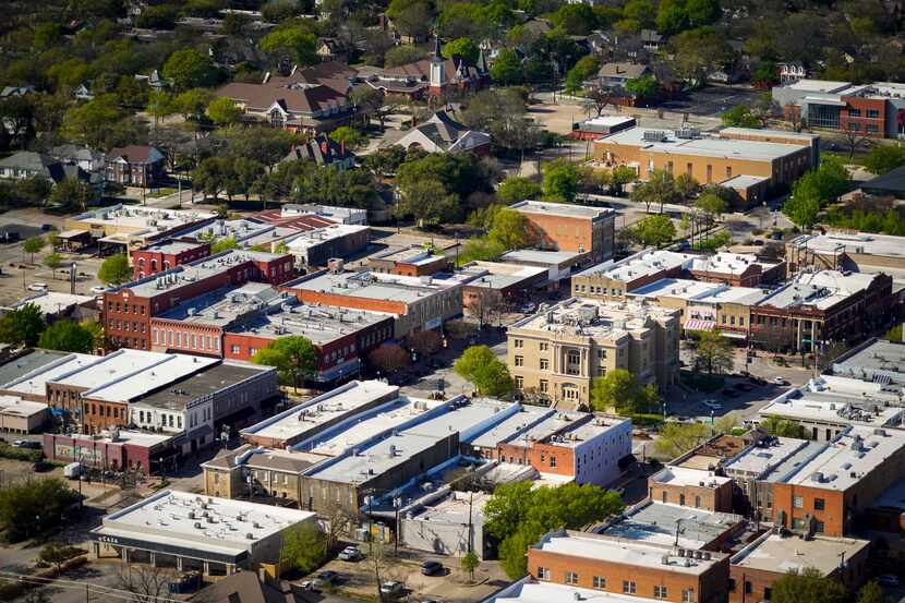 Aerial view of Courthouse Square and historic downtown McKinney,  Texas, on Tuesday, March...