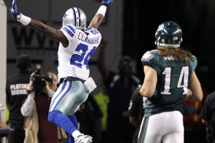 Dallas Cowboys cornerback Morris Claiborne (24) celebrates after scoring a touchdown off a...