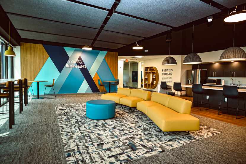 The lobby space of Comerica's Business HQ, with camel colored couch.