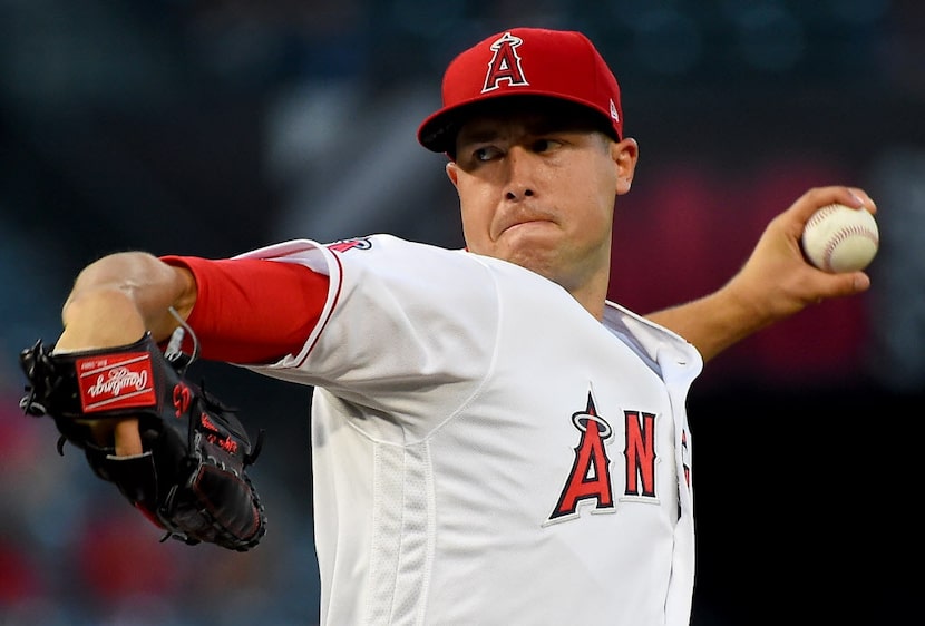 Tyler Skaggs #45 of the Los Angeles Angels of Anaheim in the first inning of the game...