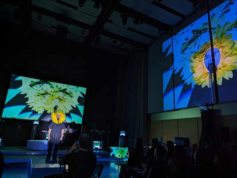 Abel Flores Jr. evokes a sunflower in Therefore Art, Sound and Performance Group's "Poems...