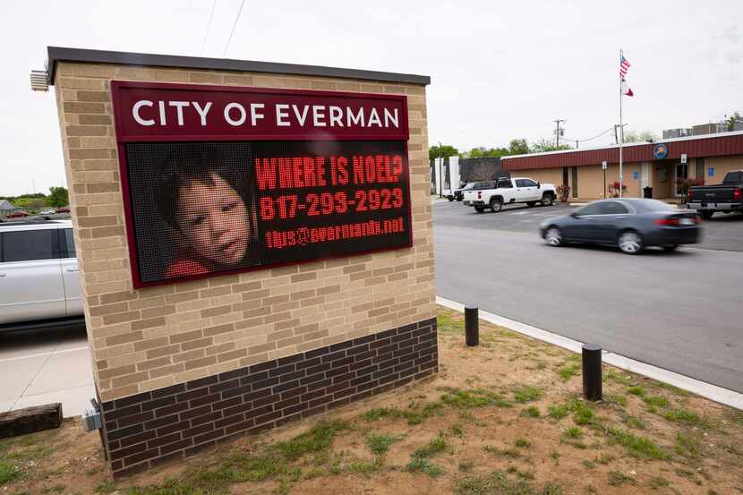 A marquee with a photo of missing 6-year-old Noel Rodriguez-Alvarez at the Everman Civic...