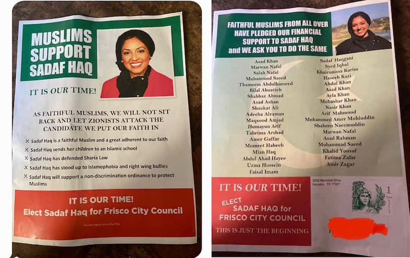 A composite image of one of two political mailers sent to Frisco residents on Oct. 29, 2020,...