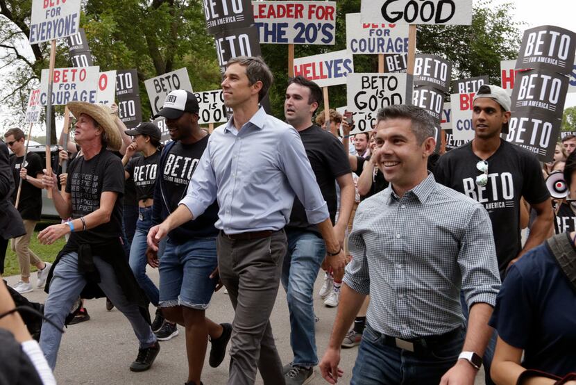 Democratic presidential candidate former Texas Rep. Beto O'Rourke marches with supporters at...