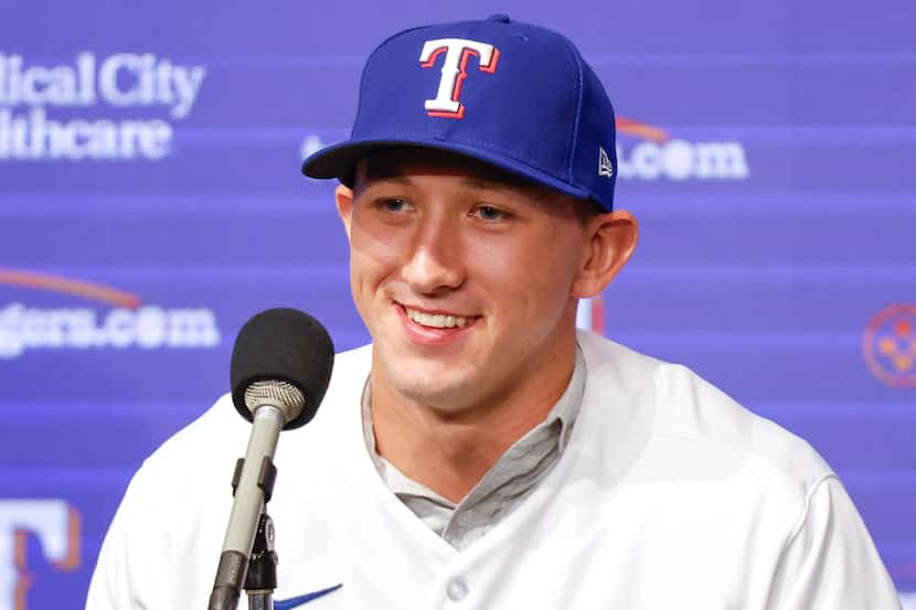 Texas Rangers top pick Wyatt Langford speaks during a press conference announcing his...
