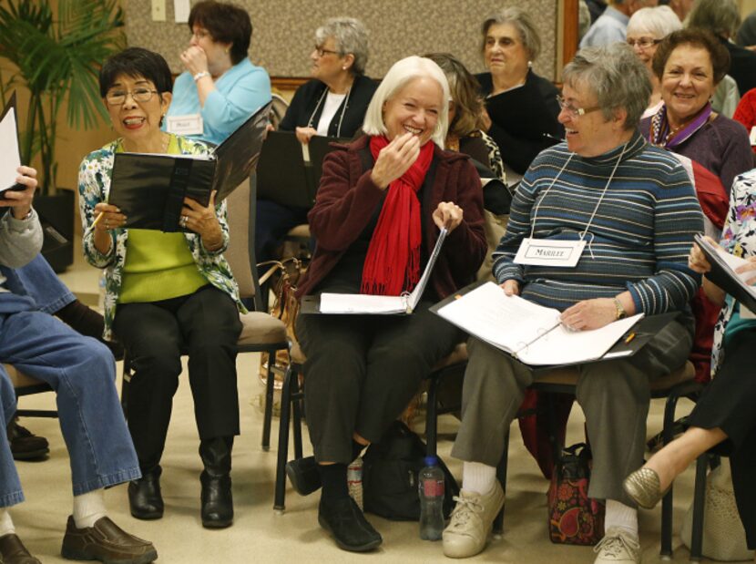 Sharon O'Toole (left) and Marilee Nordhaus of Frisco share a laugh during rehearsal.