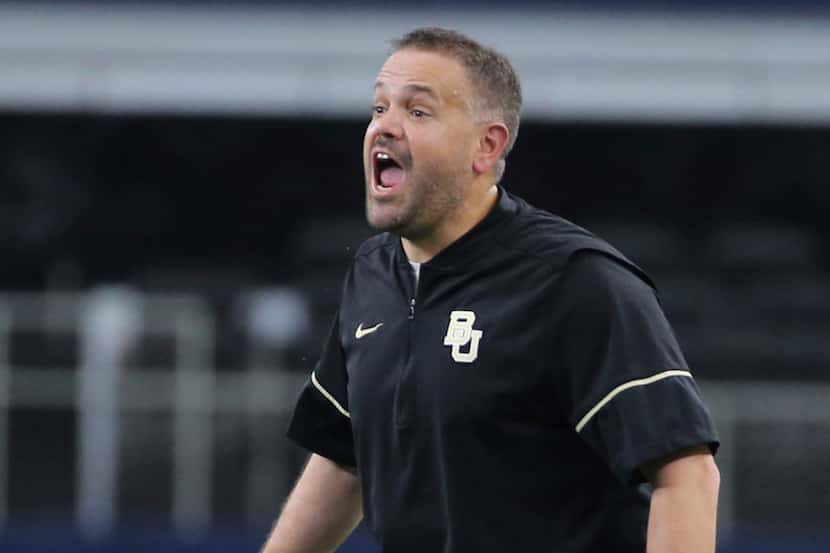 Baylor Head Coach Matt Rhule reacts to a call in the first half of an NCAA college football...
