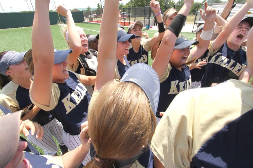 Keller Indians leap for joy following their 4-3 victory over Plano East to advance in the...