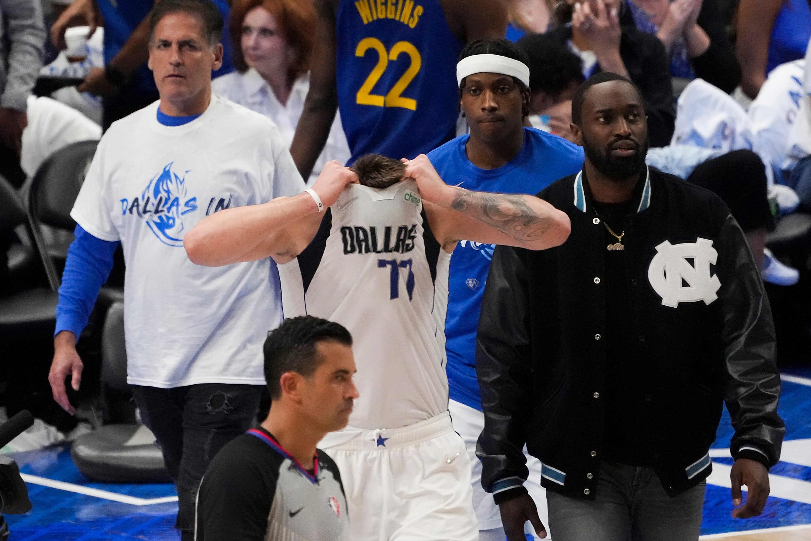 Dallas Mavericks guard Luka Doncic reacts after missing a shot at the end of the during...