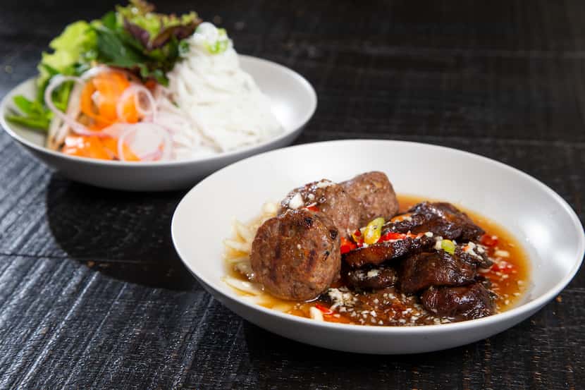 Bun Cha Hanoi, grilled pork patties with grilled sliced pork served with vermicelli noodles...