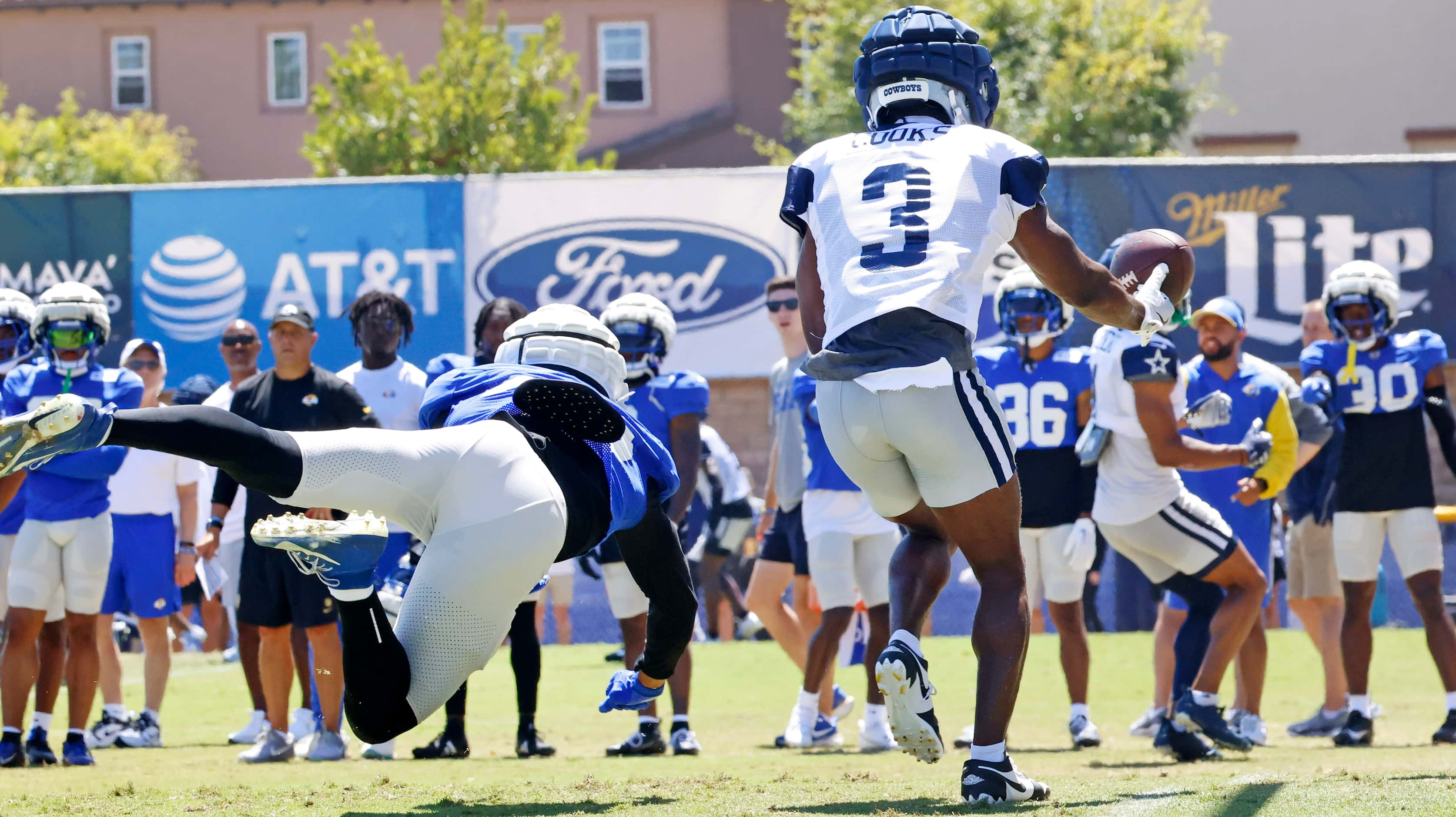 Dallas Cowboys wide receiver Brandin Cooks (3) can’t hold onto a pass as he’s covered in the...