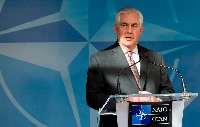 U.S. Secretary of State Rex Tillerson addresses the media within a North Atlantic Council...