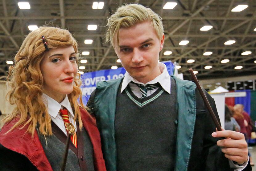Sophie Durre as Hermione Granger and Brandon Smith as Draco Malfoy are pictured at LeakyCon,...