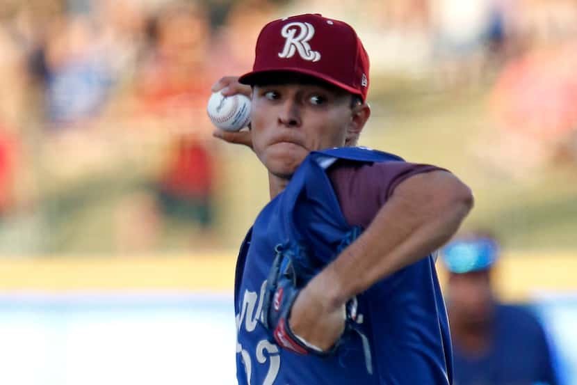 Starting pitcher Jack Leiter (22) throws a pitch in the second inning as the Frisco Rough...