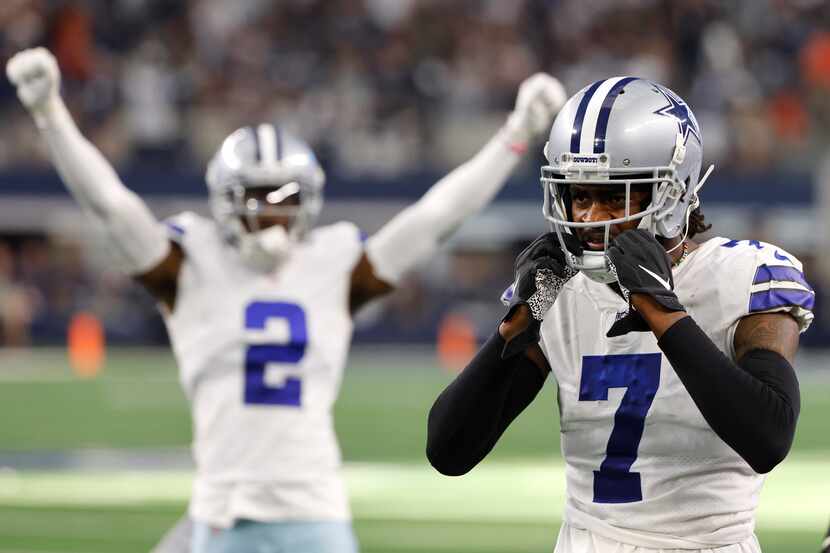 Dallas Cowboys cornerback Trevon Diggs (7) reacts after stopping the Cincinnati Bengals on a...