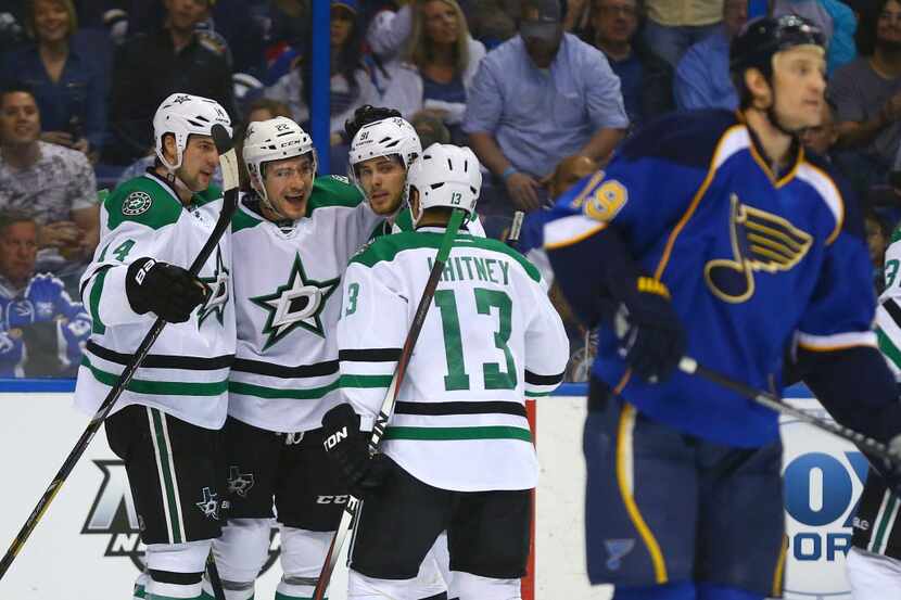 Colton Sceviour #22 of the Dallas Stars celebrates his goal against the St. Louis Blues with...