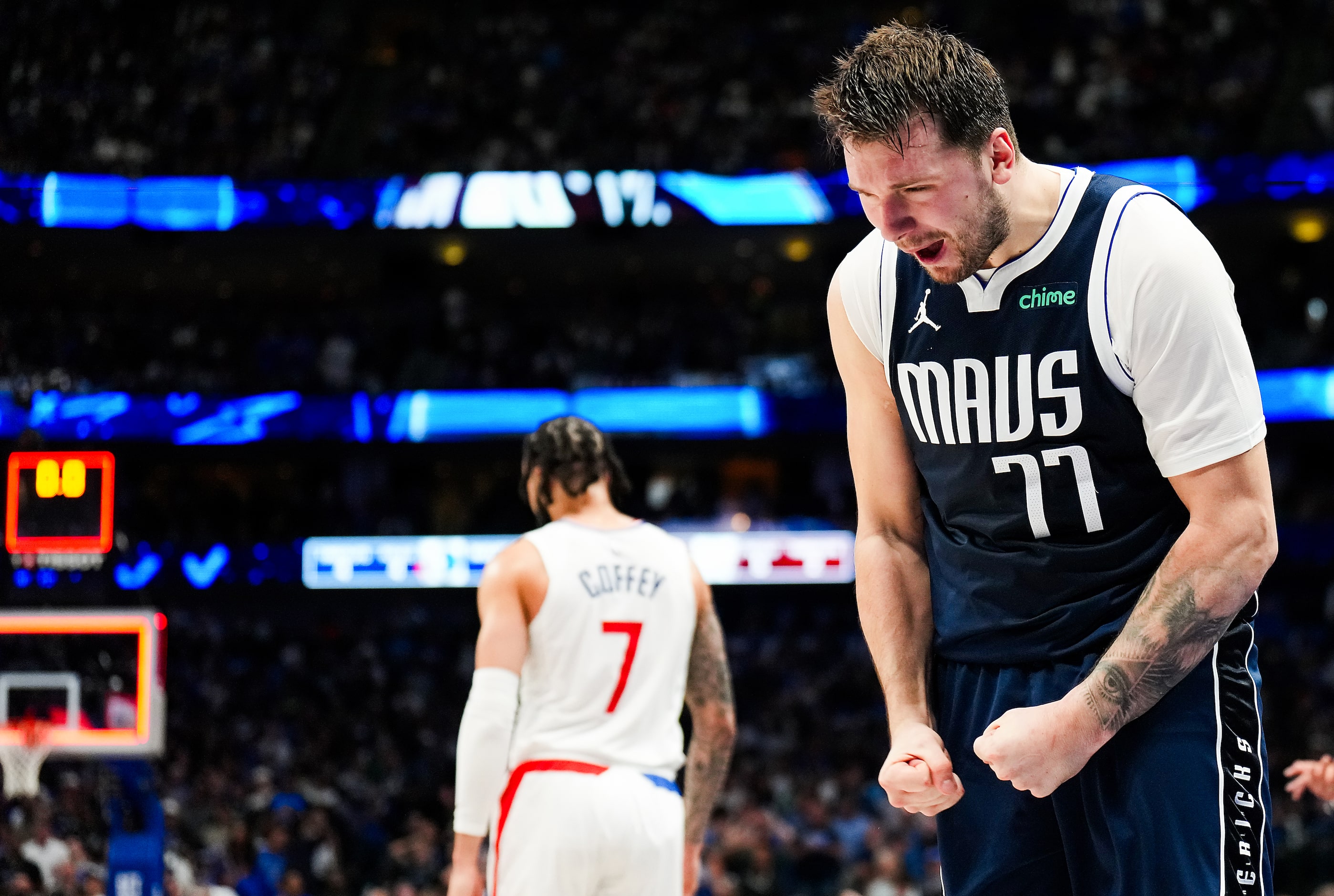 Dallas Mavericks guard Luka Doncic reacts after a missed three-pointer during the second...