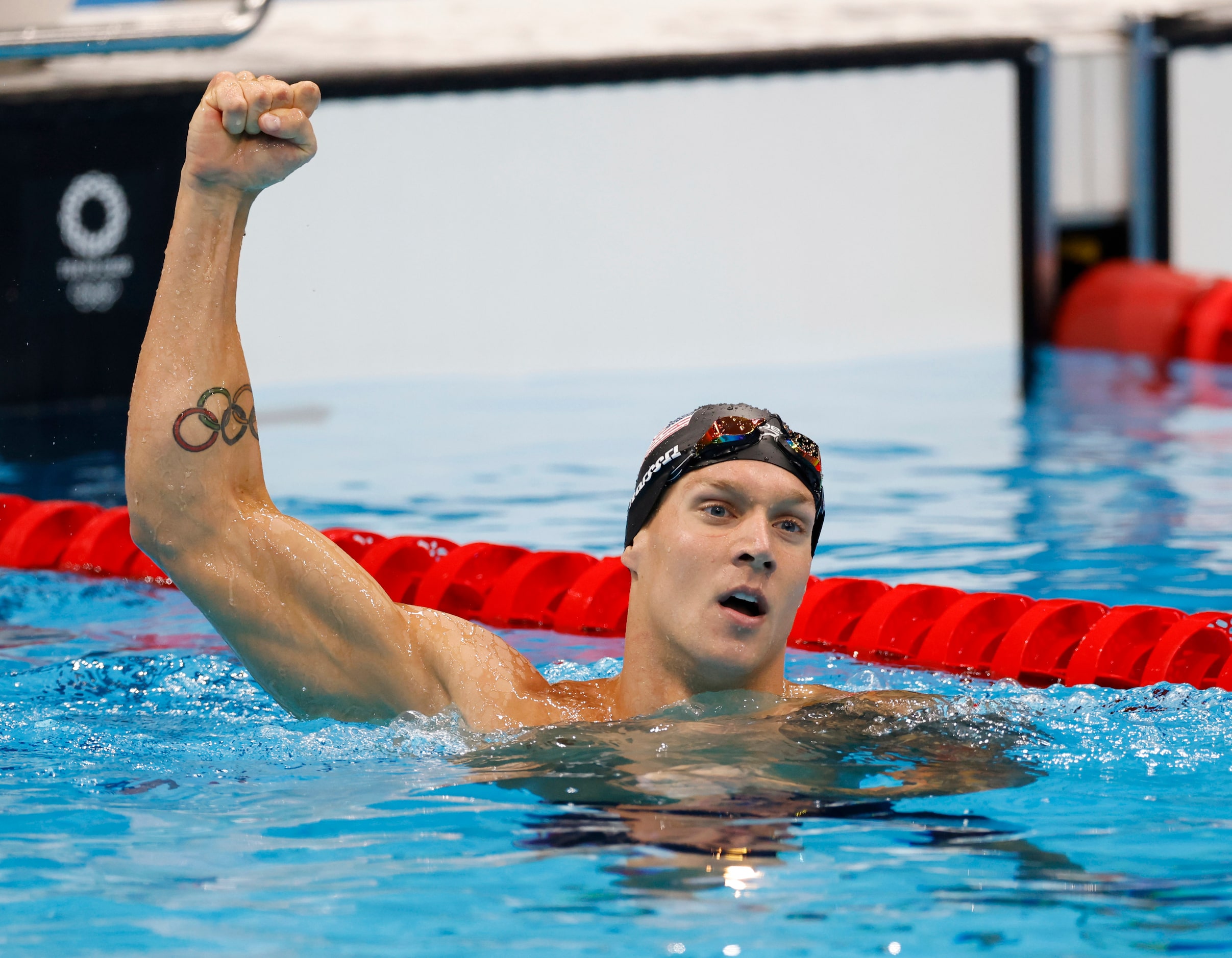 USA’s Caeleb Dressel celebrates after winning the men’s 50 meter freestyle final during the...