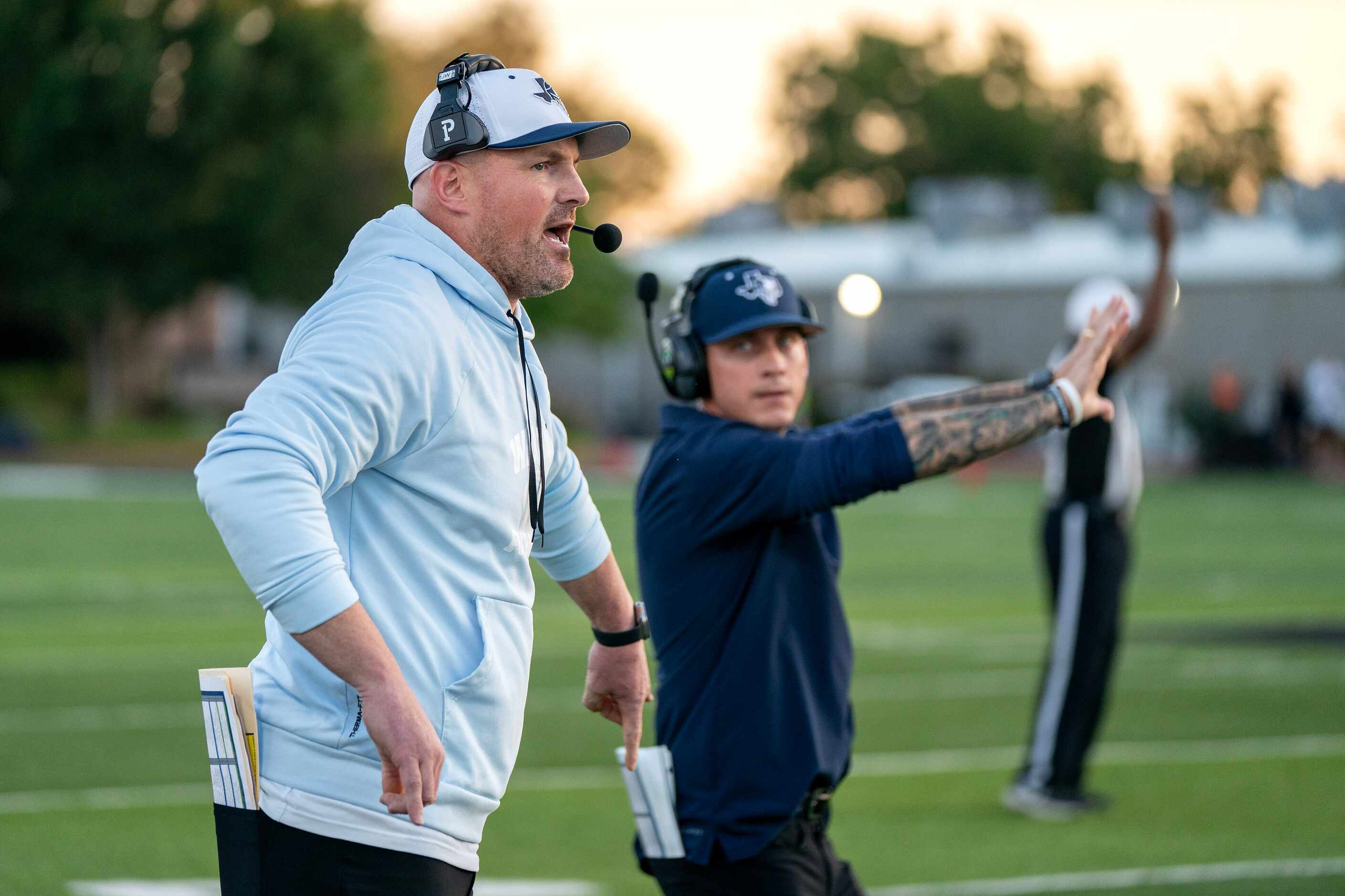 Former Dallas Cowboys great and Argyle Liberty Christian head coach Jason Witten calls plays...