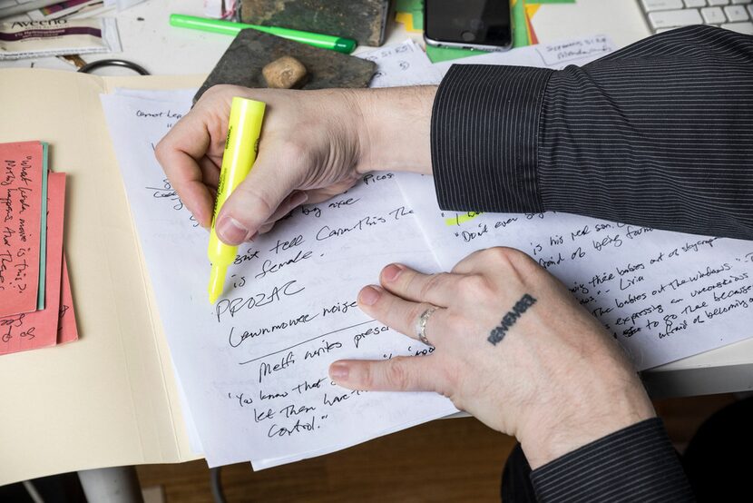 Matt Zoller Seitz works on notes on for his upcoming book,The Soprano Sessions, at his home...