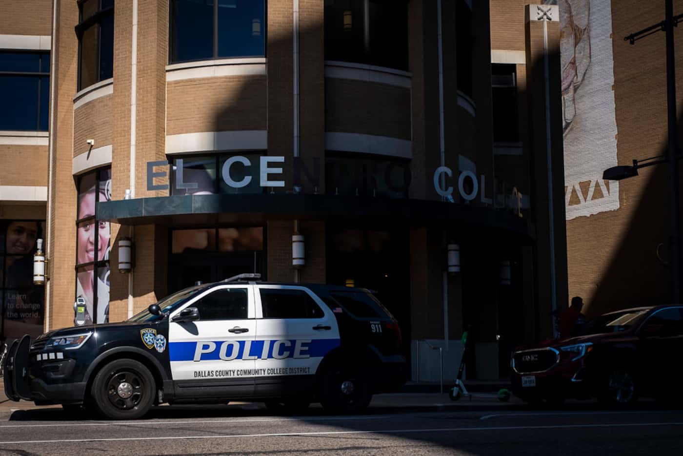 Dallas County Community College District police work outside El Centro College on Tuesday.